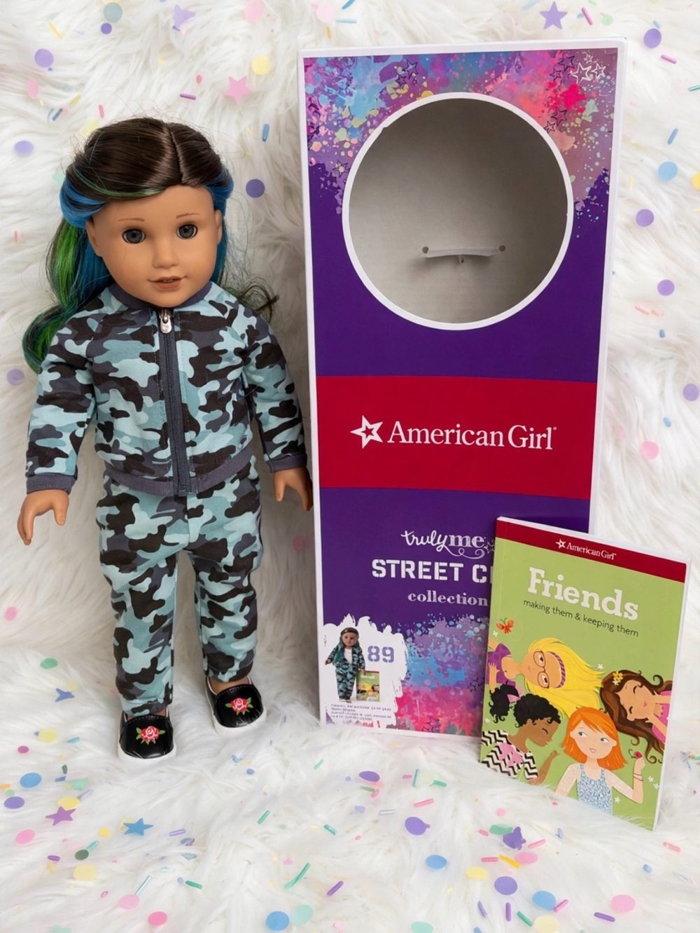American Girl Doll in Blue and Green Camo Jogger Set with Matching Shoes